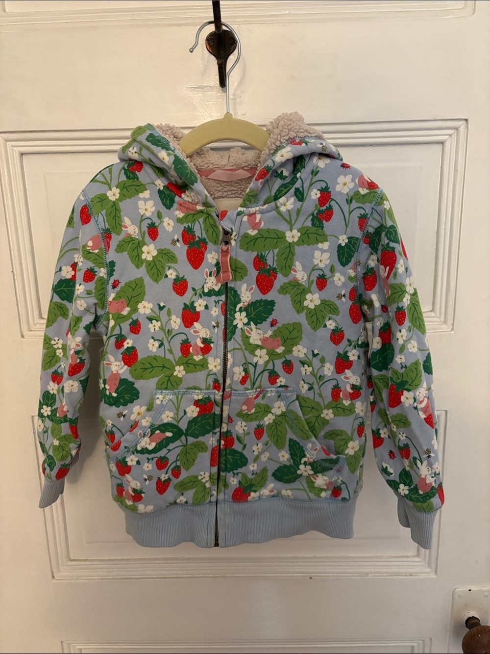 Mini Boden Sherpa Lined Hoodie with Strawberry Print, 5/6